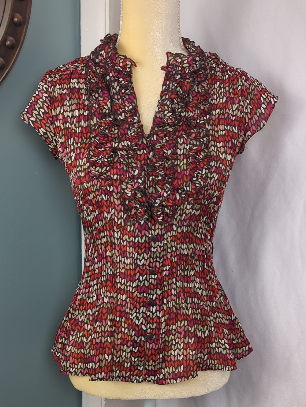 Women's Ruffle V-Neck Blouse Multi Pattern Blouse